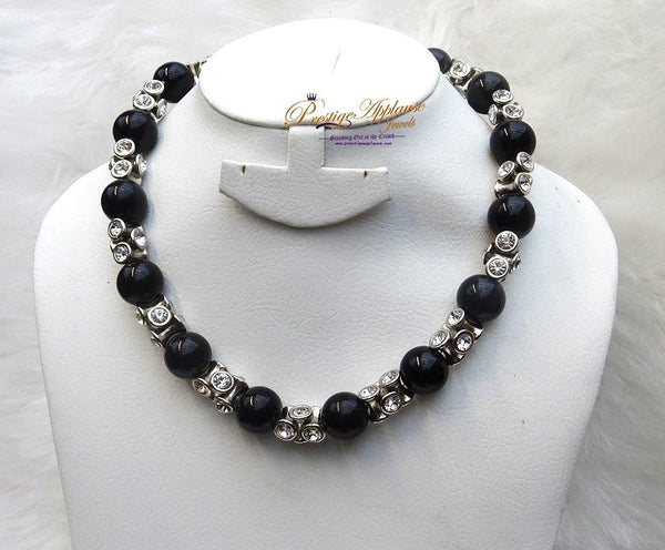 Black Pearl Beads Necklace Bracelet With Diamond Casual Party Jewellery Set - PrestigeApplause Jewels 