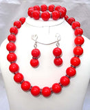 Red Fashion Beads Necklace Earring Bracelet Gold with Red Jewellery Set