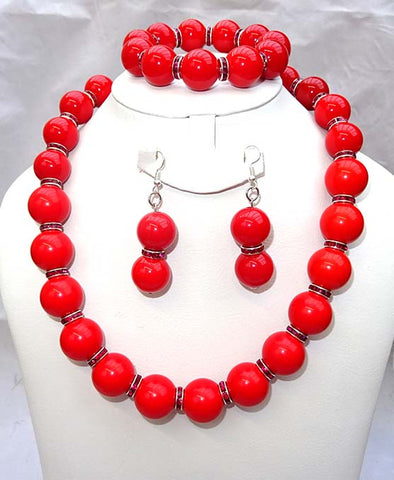 Cheap red Bead Necklace and Earring Set