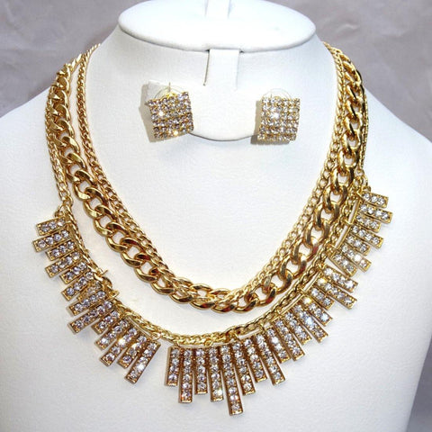 3 Layers 3 Styles Costume Jewellery Necklace Stud Earring set Gold Color