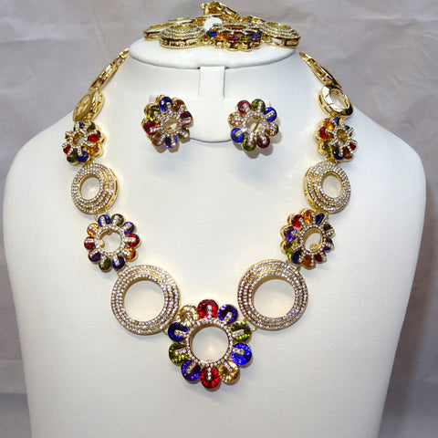 Multi color Gold Plated Rhinestones Wedding Bridal Party Necklace Earring Jewelry Set