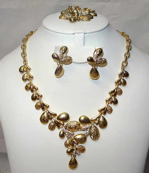Flower Petail Lovely Gold Plated Rhinestones Wedding Bridal Party Necklace Earring Jewelry Set