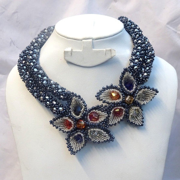 2 Layers Multi color African Nigerian Wedding Beads 3D Tulip Flower Design Party Jewellery Set - PrestigeApplause Jewels 