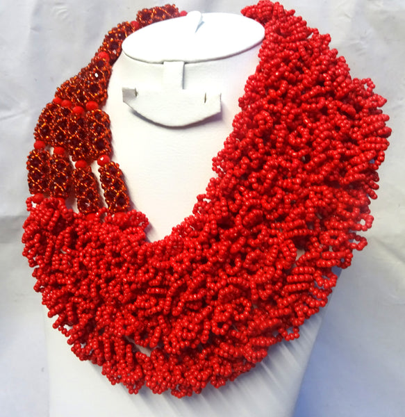 Latest Design Red 4 Layers African Nigerian Wedding Beads Design Party Jewellery Set