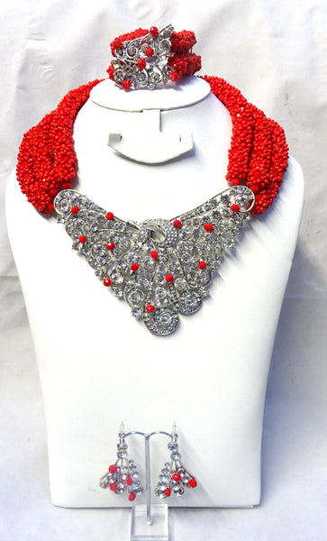 Elegant Red with Crystal Brooch Unique African Nigerian Party Wedding Bridal Jewellery Set