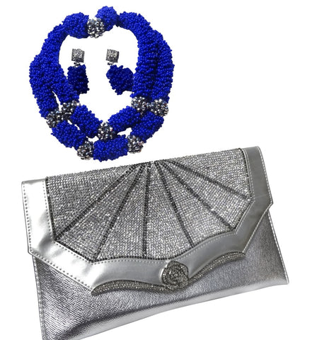 Royal Blue Beads Jewellery Set with a Party Silver Purse combo