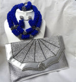 Royal Blue Beads Jewellery Set with a Party Silver Purse combo