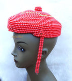 PrestigeApplause - Jewels UK African hand made Coral beaded cap for Nigerian traditional wedding. Edo/Igbo Bride coral cap - PrestigeApplause Jewels 