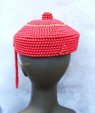 PrestigeApplause - Jewels UK African hand made Coral beaded cap for Nigerian traditional wedding. Edo/Igbo Bride coral cap - PrestigeApplause Jewels 