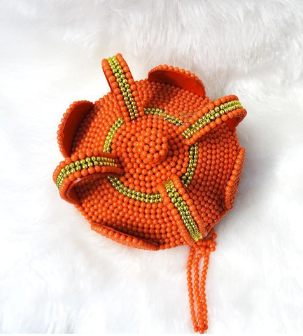 PrestigeApplause - Jewels UK African hand made Orange and Gold Coral beaded cap for Nigerian traditional wedding. Edo/Igbo Bride coral cap - PrestigeApplause Jewels 