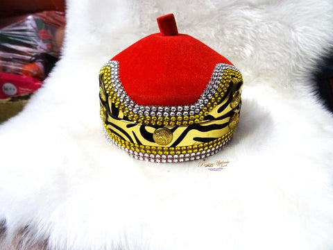 Red and Gold Elegant African Igbo traditional Wedding African Igbo men’s hatFor Chief Titled Men - PrestigeApplause Jewels 