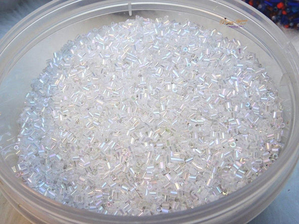 Czech Bugle Beads 40 gr / 1.2 oz WHITE Iridescent Glass Tube Size - PrestigeApplause Jewels 