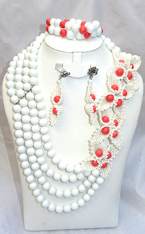 PrestigeApplause White & Red African Beads Bridal Wedding Party Jewelry Set