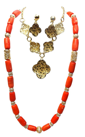 Long Coral with Silver Gold Bling 1 Layers Original Traditional African Coral Beads With Gold Plated Necklace Jewelry Set
