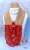 PrestigeApplause Exquisite Real Coral Chips and Crystal Beads Bridal Wedding Party Jewelry Set