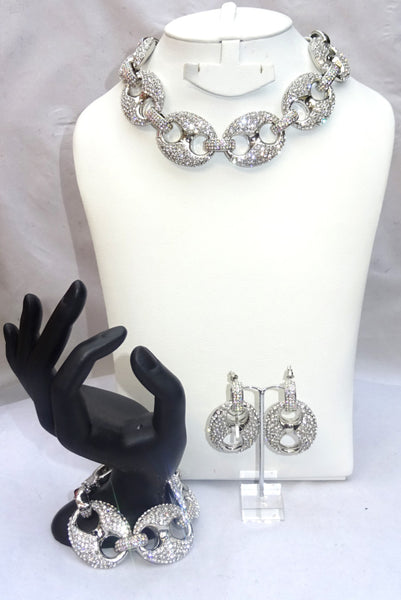 High Quality Crystal Gold Costume Necklace Bracelet Earring Jewellery Set