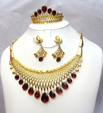 Lovely Dark Red Quality Beautiful Necklace Bangle Earring Costume Set Jewellery