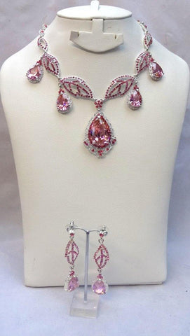 Beautiful Leaf Pink Drop Party Special Occasion Necklace and Earring Set Gift for Ladies Women - PrestigeApplause Jewels 