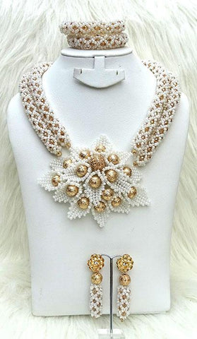 Beautiful White with Gold Crystal Beads with Gold accessories Beads Necklace Jewellery Set