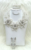 New Design African Nigerian White Crystal 3 Layers New Design Beads Party Bridal Flower Brooch Jewellery Set