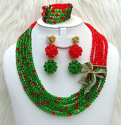 Green and Red Multi Layers Beads Necklace Jewellery Set