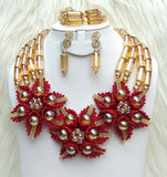 Latest design Gold Dark Red African Nigerian Beads Necklace Bridal Jewellery Set