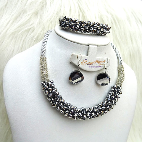Pink Black Grey Rope Necklace Earring Casual Party Crystal Beads Jewellery Set
