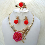 Red Rose Flower Elegant Gold Plated Party Necklace Bracelet Jewellery Set