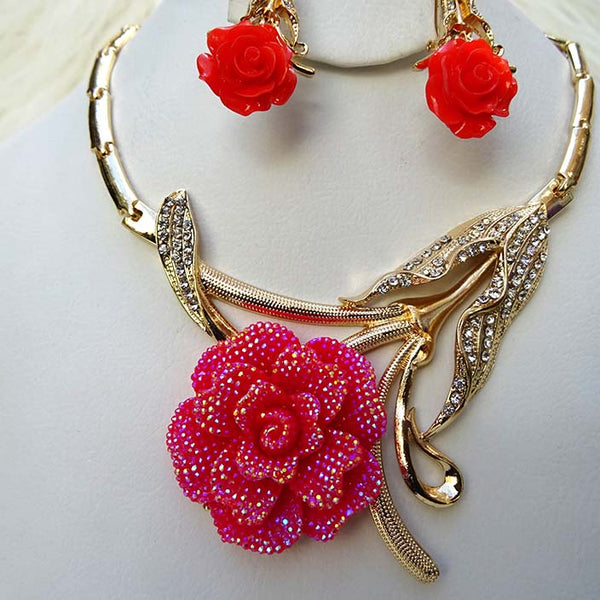 Red Rose Flower Elegant Gold Plated Party Necklace Bracelet Jewellery Set