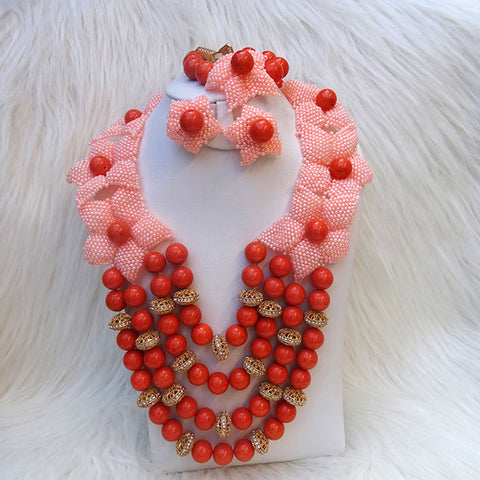 PrestigeApplause Elegant Unique 3 Layers Coral with Handmade Petal Bridal Wedding African Nigerian Beads Necklace Jewellery Set