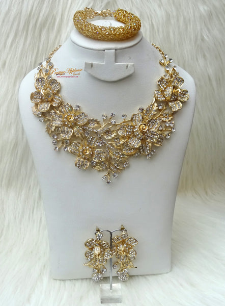 PrestigeApplause 3D Detailed Flower Petal Sparkling Necklace Earring Bracelet Jewellery Set