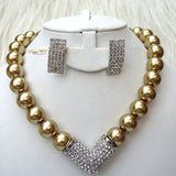 Quality Pearls Golden Beautiful Luscious Bridal Wedding Crystal Party Necklace Earring Jewellery Set UK