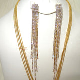 Sparkling Multi Layers Long Crystal Chain Necklace Earring Jewellery Gold Fashion Set