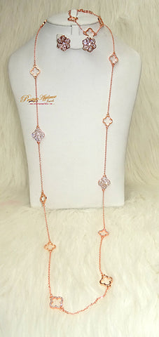 Clover Extra Dazzling Long Gold Silver Rose Gold Design Necklace with Matching Earring Gift