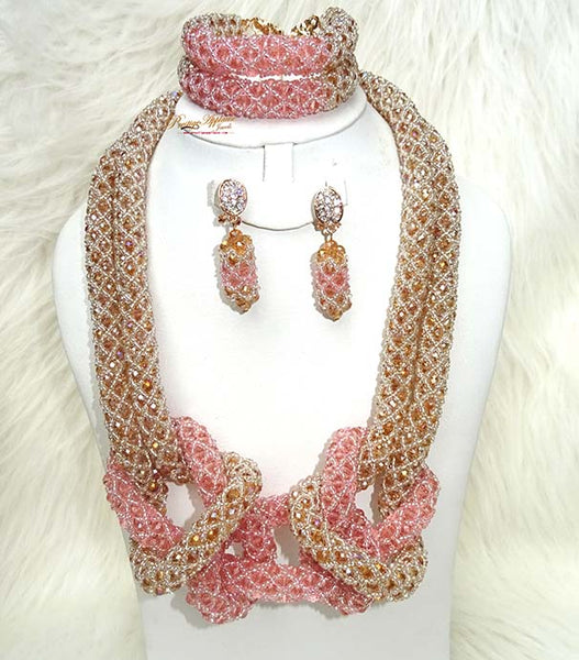 Gold Mixed with Peach Party African Nigerian Bridal Wedding Beads Party Jewellery Set