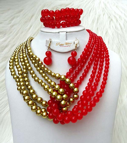 Fashion Beads Necklace Earring Bracelet Gold with Red Jewellery Set