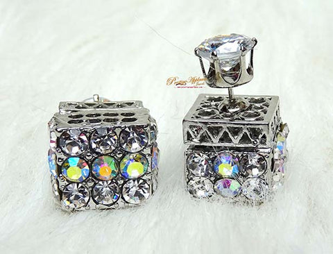 Silver Cube Back Stud Crystal Retro Earring Jewellery