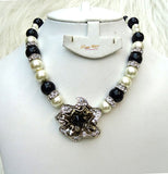 Quality Pearls Black & Cream White Beautiful Luscious Wedding Crystal Party Necklace Earring Jewellery Set UK