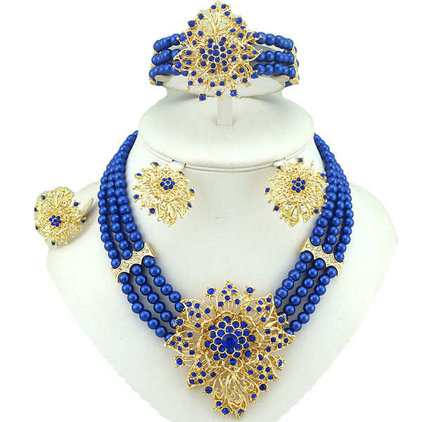 Elegant 3 Layers Blue Beads Jewellery Set with Brooch Pendant Necklace Earring Bracelet & Ring Beautiful Design