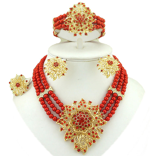 Elegant 3 Layers Red Beads Jewellery Set with Brooch Pendant Necklace Earring Bracelet & Ring Beautiful Design