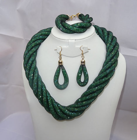 Green resin stardust mesh full clear crystal alloy Twisted jewellery set