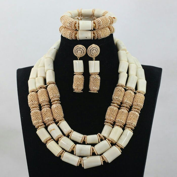 Elegant White Coral embelished with Gold Balls Bridal Party African Nigerian Jewellery Set