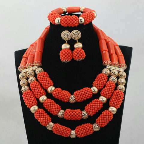 Elegant Coral embellished with Gold Balls Mixed Design Bridal Party African Nigerian Jewellery Set