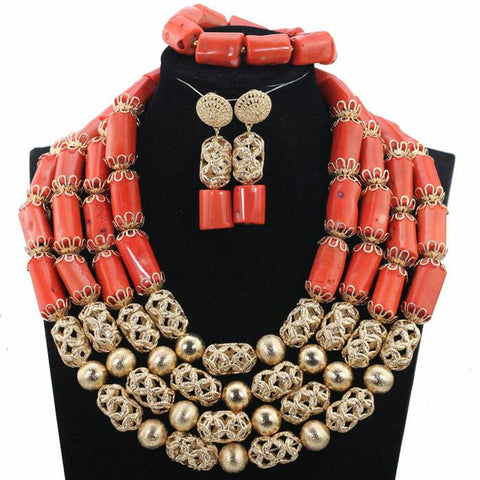Traditional Original 4 Layers Coral Wedding African Nigerian Beads Necklace Jewellery Set