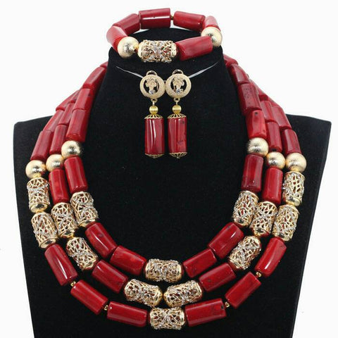 Red New Designs Traditional Original Coral Wedding African Nigerian Beads Necklace Jewellery Set