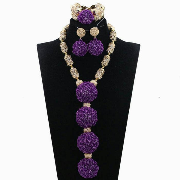 Purple New Designs Wedding African Nigerian Beads Necklace Jewellery Set