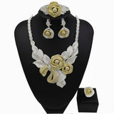 Flower Design 4 Pieces Gold Silver Mix Cubic Zirconia Bridal Wedding Necklace Jewelry Set