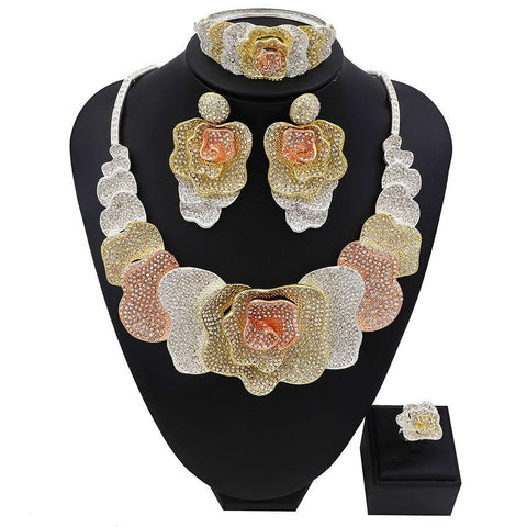 Detailed Beautiful Design 4 Pieces 3 Colour Mix Cubic Zirconia Bridal Wedding Necklace Jewelry Set