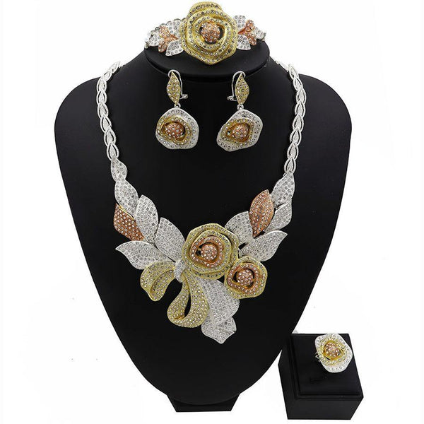 Detailed Flower Design 4 Pieces 3 Colour Mix Cubic Zirconia Bridal Wedding Necklace Jewelry Set