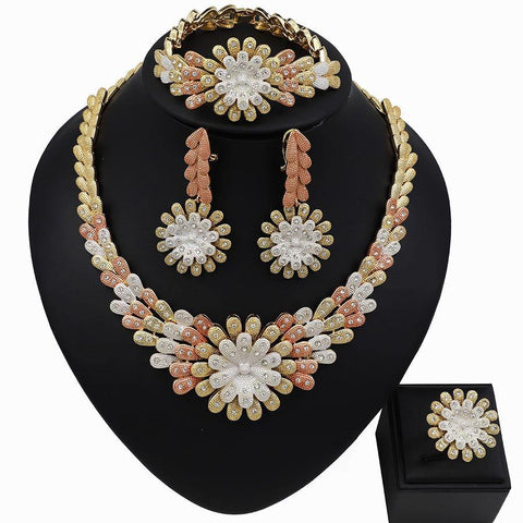 Rose Gold Silver Mixed Colour Design 4 Pieces Mix Cubic Zirconia Celebrant Party Necklace Jewelry Set - PrestigeApplause Jewels 